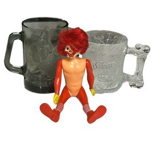 Vintage McDonalds LOT Ronald Toggle Doll, Flintstones & Grimace Glass Mugs
